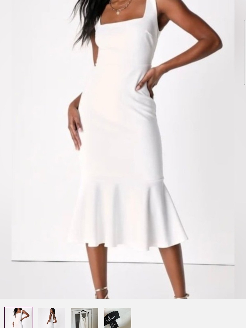 LuLus Square-Neck White Midi Dress with Flared Hem